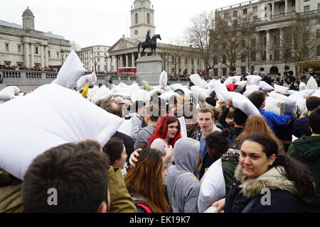 London, UK. 4th April, 2015. Hundreds of people took parts the International Pillow Fight Day 2014 in Trafalgar square, London. Credit:  See Li/Alamy Live News Stock Photo