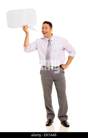 mid age man screaming in speech bubble isolated on white background Stock Photo