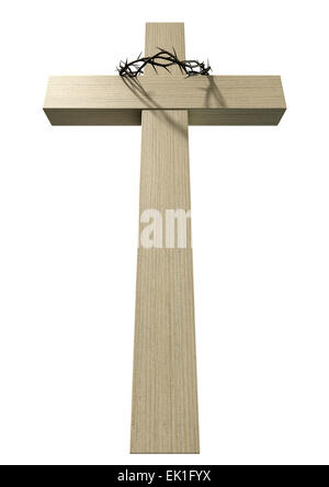 A wooden cross that has a christian woven crown of thorns on it depicting the crucifixion on an isolated background Stock Photo