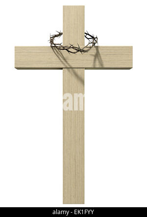 A wooden cross that has a christian woven crown of thorns on it depicting the crucifixion on an isolated background Stock Photo