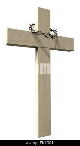 A wooden cross that has a christian woven crown of thorns on it depicting the crucifixion on an isolated background Stock Photo