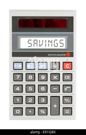 Old calculator showing a text on display - savings Stock Photo