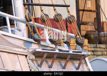 Blocks and ropes on the ancient sailboat Stock Photo