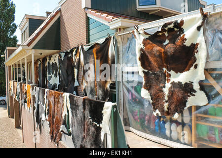 Tanned hides on the balcony of the leather shop in Volendam. Netherlands Stock Photo