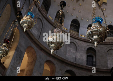 Lamps decorating the Dome of the Rotunda of the Church of the Holy Sepulchre in the Christian Quarter Old city East Jerusalem Israel Stock Photo