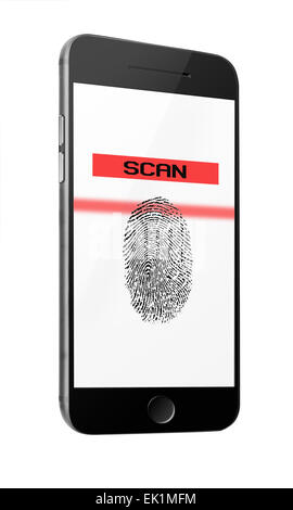 Mobile smart phone with fingerprint of thumb isolated on white background. Highly detailed illustration. Stock Photo
