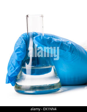 assistant holding a glass flask on a isolated white background Stock Photo