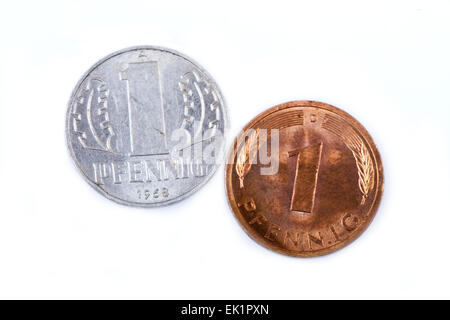 former east and west german hard money, pfennig, Stock Photo