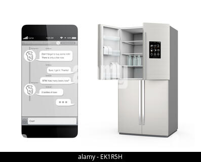 Smart refrigerator with LCD screen for monitoring. User can chat to refrigerator by smartphone chat app. Concept  of IoT. Stock Photo