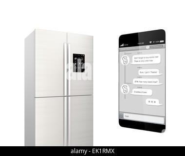 Smart refrigerator with LCD screen for monitoring. User can chat to refrigerator by smartphone chat app. Concept  of IoT. Stock Photo