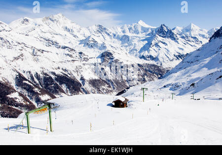 Skiing in Zinal in the Swiss Alps Stock Photo