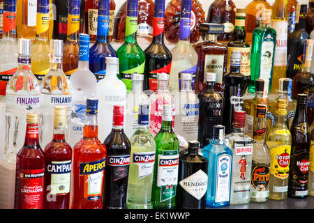 Various alcohol bottles in the bar. Stock Photo