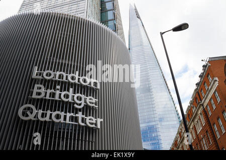 London Bridge Quarter sign on building, London Bridge, Shard London in background Stock Photo
