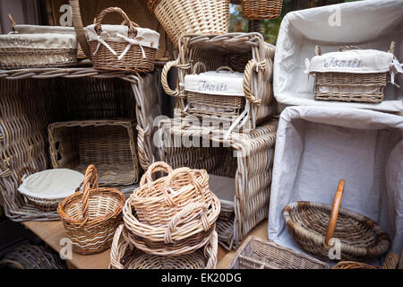 various wicker baskets at market, France, Europe Stock Photo