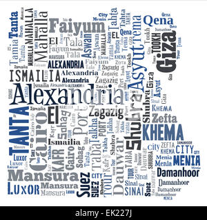 A wordcloud of the country of Egypt made from all of it's cities and towns. Stock Photo