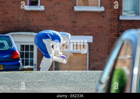 25th August 2013, Belfast - A Forensics officer bends down to lift evidence into a box during a security alert in East Belfast Stock Photo