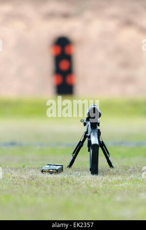 Remington 700P (police version) bolt action rifle with telescopic sights at a shooting range in Northern Ireland during a police training exercise. Stock Photo