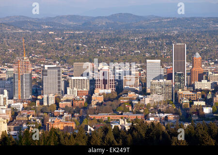 Portland Oregon downtown skyline from Pittock Mansion. Stock Photo