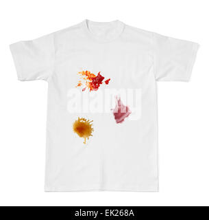 collection of various food stains from ketchup, coffee and wine on white t shirt Stock Photo