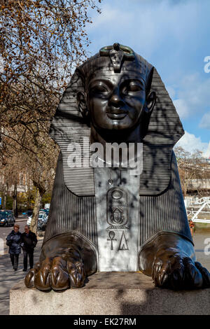 A Bronze Sphinx Guarding Cleopatras Needle, Victoria Embankment, London, England Stock Photo