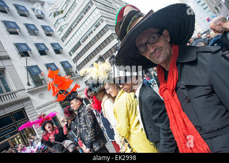 Man wearing an Easter hat during the Easter Bonnet parade on Fifth Avenue New York. Stock Photo