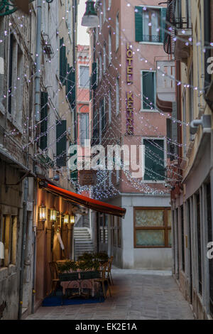 Hotel Entrance, Street Lights, Venice, Italy Stock Photo
