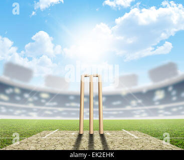 A cricket stadium with cricket pitch and set up wickets in the daytime under a blue sky Stock Photo