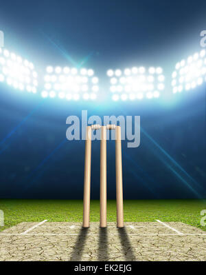 A cricket stadium with cricket pitch and set up wickets at night under illuminated floodlights Stock Photo