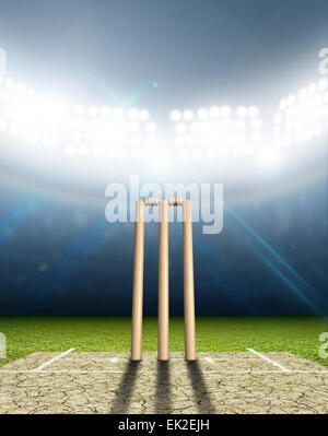 A cricket stadium with cricket pitch and set up wickets at night under illuminated floodlights Stock Photo