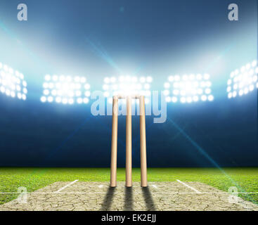A cricket stadium with cricket pitch and set up wickets at night under illuminated floodlights Stock Photo