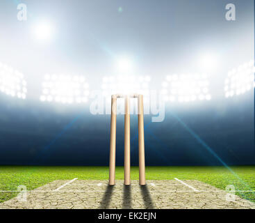 A cricket stadium with cricket pitch and set up wickets at night under illuminated floodlights Stock Photo