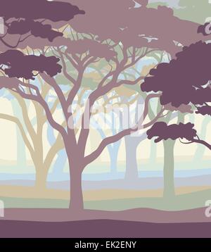 EPS8 editable vector illustration of an open acacia woodland in pastel colors Stock Vector