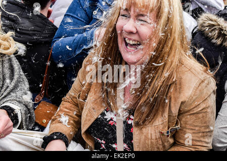 The International Pillow Fight day in Trafalgar Square, London. Stock Photo