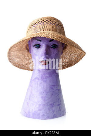 female summer straw hat on mannequin isolated on white background Stock Photo