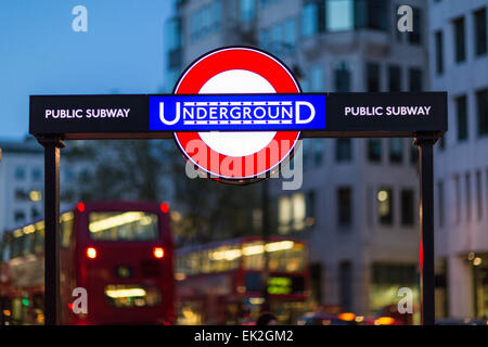 Underground Sign, Buses and Lights, Trafalgar Square, London Stock Photo