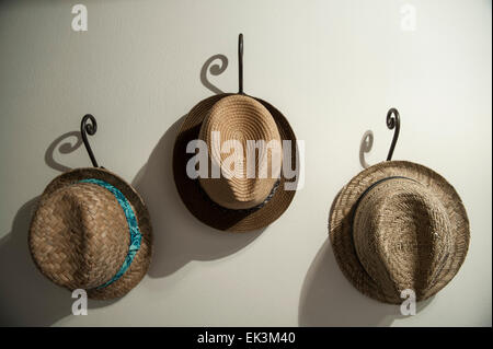 Three hats hang on three hooks inside a house Stock Photo