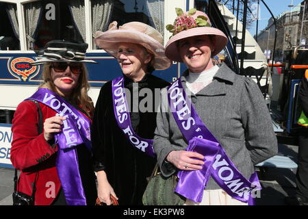 Dublin, Ireland. 06th Apr, 2015. Women dressed as Suffragettes during the recreation of Easter 1915 in Dublin city centre as part of the 1916 Rebellion commemoration events. The 'Road to the Rising' events take place on Dublin's O'Connell Street. Credit:  Brendan Donnelly/Alamy Live News Stock Photo