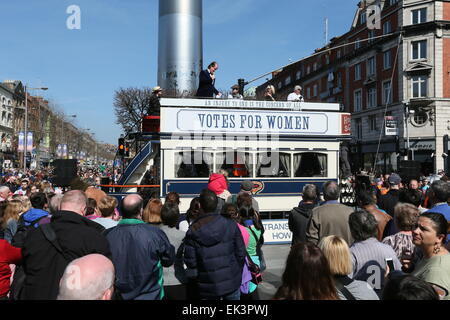 Dublin, Ireland. 06th Apr, 2015. Image from the recreation of Easter 1915 in Dublin city centre as part of the 1916 Rebellion commemoration events. The 'Road to the Rising' events take place on Dublin's O'Connell Street. Credit:  Brendan Donnelly/Alamy Live News Stock Photo