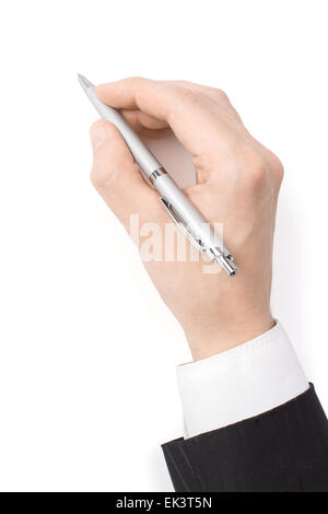 Man's hand with a ballpoint pen on a white background Stock Photo