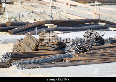 Steel Reinforcing Bars Stack at Construction Area Stock Photo