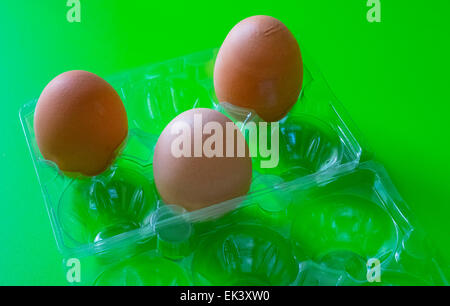 Three large brown organic free-range eggs Stock Photo