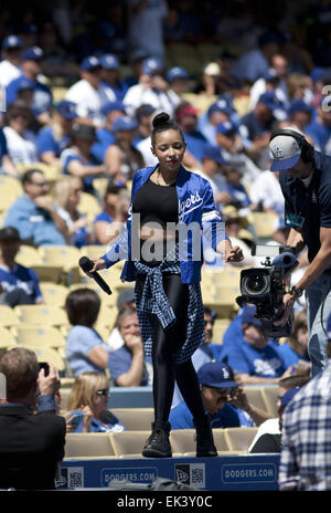 Los Angeles, CALIFORNIA, UNITED STATES OF AMERICA, USA. 6th Apr, 2015. Tinashe sings on top of the Dodgers dugout prior to an opening day baseball game against the San Diego Padres, Monday, April 6, 2015, in Los Angeles.ARMANDO ARORIZO Credit:  Armando Arorizo/Prensa Internacional/ZUMA Wire/Alamy Live News Stock Photo