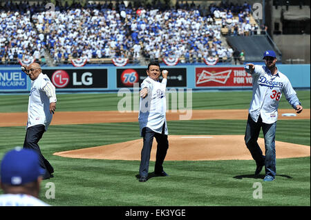 Los Angeles, CA, USA. 6th Apr, 2015. Former Los Angeles Dodgers pitcher Eric Gagne #38, Fernando Valenzuela and Don Newcombe throw out the ceremonial first pitch before the Major League Baseball game Home Opener between the San Diego Padres and the Los Angeles Dodgers at Dodger Stadium.Louis Lopez/CSM/Alamy Live News Stock Photo