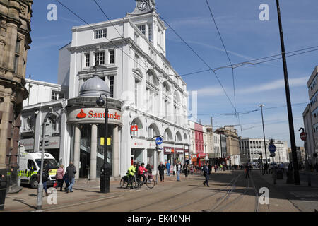 Santander Bank on High Street in Sheffield city centre, England UK. iconic grade II listed building streetscene Star and Telegraph building Stock Photo