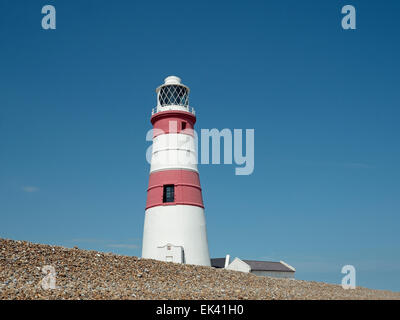 Orfordness Lighthouse, towering over the pebble beach, Orford Ness, Suffolk, England, United Kingdom Stock Photo