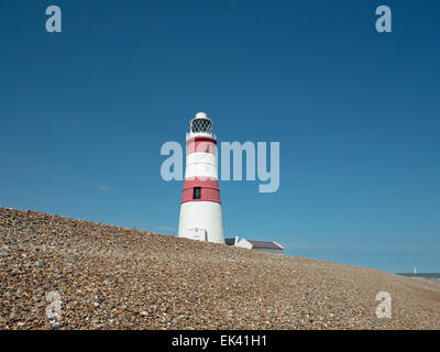 Orfordness Lighthouse in calm weather lying close to the sea, towering over the pebble beach and yacht sailing by, Orford Ness, Suffolk, England, UK Stock Photo