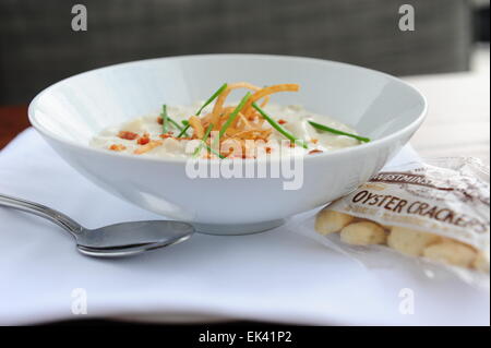 USA Food - Bowl of creamy New England clam chowder with Oyster Crackers Stock Photo