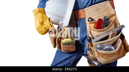 Contractor Man With Carpenter Toolbelt and Hard Hat Isolated on White Background Stock Photo