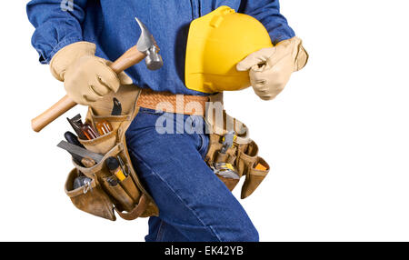 Contractor Man With Carpenter Toolbelt and Hammer Walkingl Isolated on White Background Stock Photo
