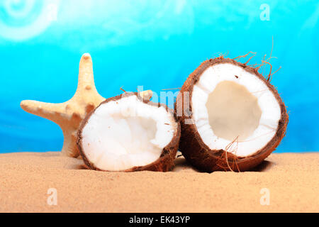 chopped coconut on sea-beach background Stock Photo